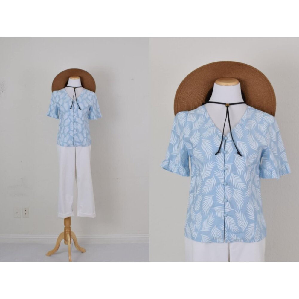 Blue/White Palm Leaves Fitted Button‎ Blouse